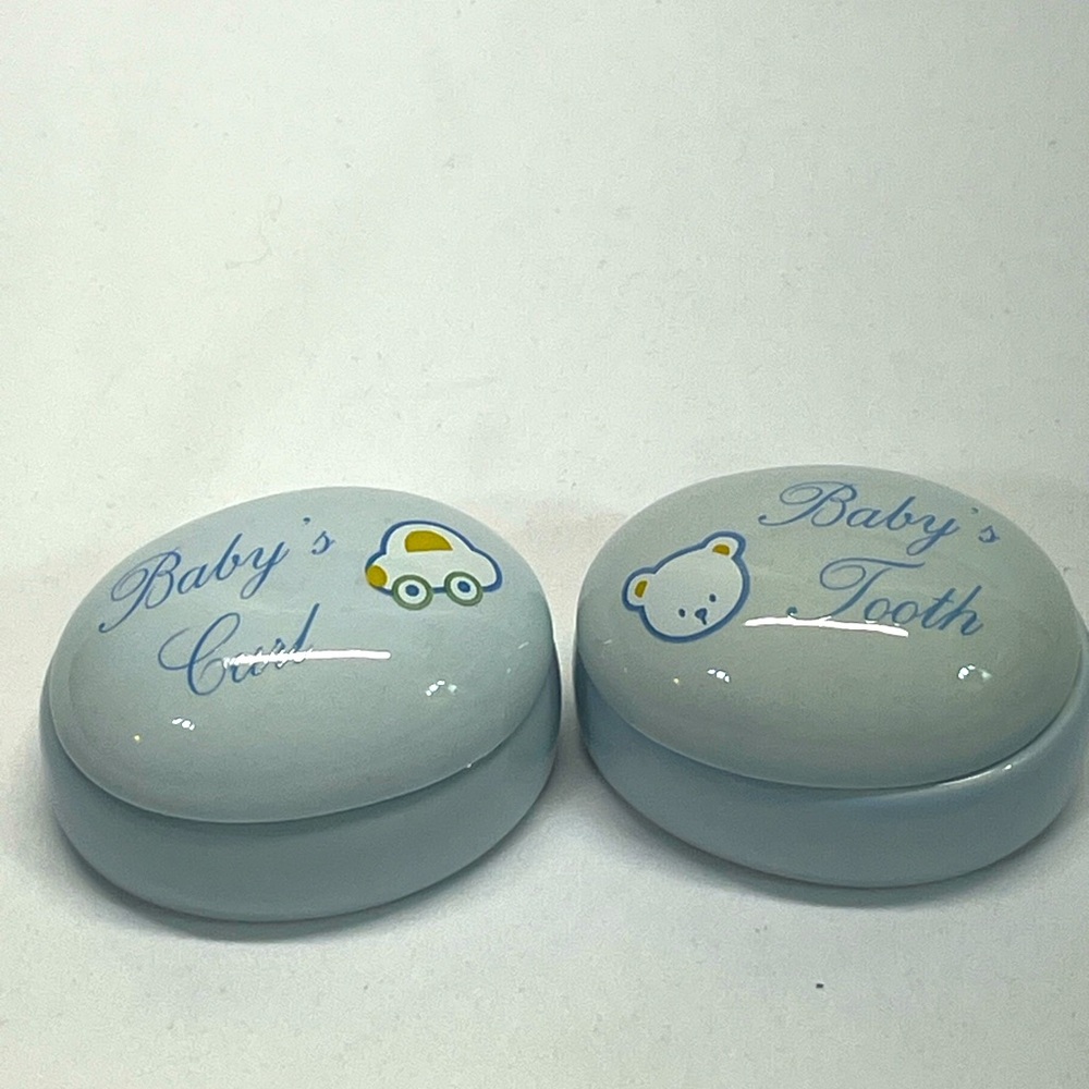 Baby's‎ First Tooth and Curl Keepsake Porcelain Dish with Lid Blue PREOWNED